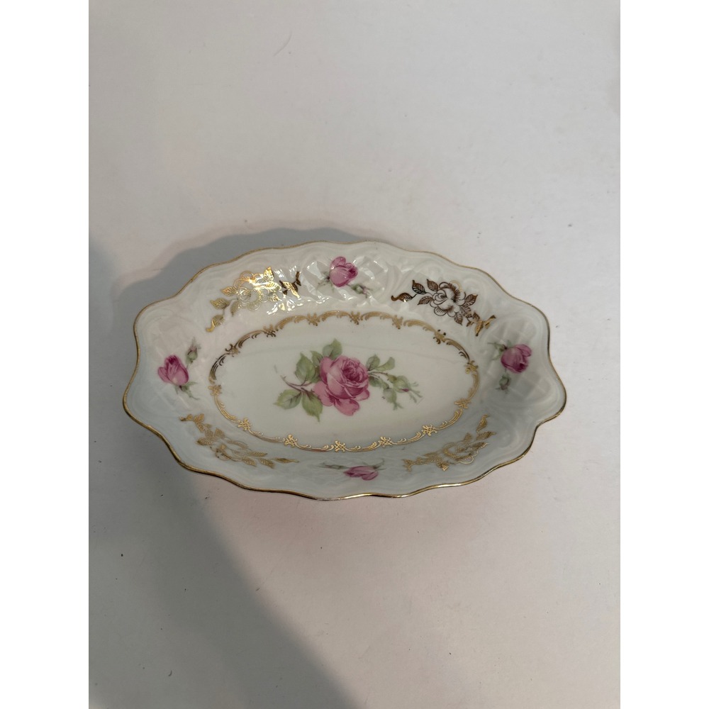 Schumann Germany Porcelain Trinket Dish Pink Rose Gold Gilt Oval Nut Bowl